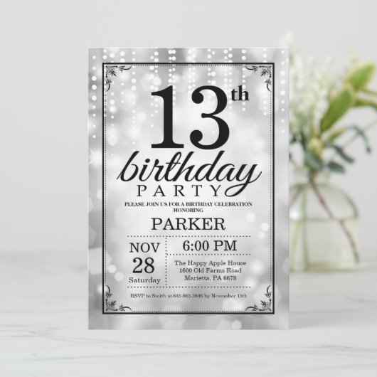 13e verjaardag Uitnodiging Silver Glitter (Staand voorkant)