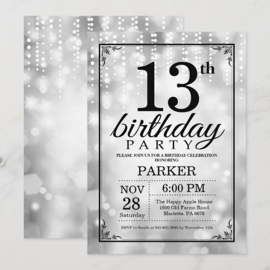 13e verjaardag Uitnodiging Silver Glitter (Voorkant / Achterkant)