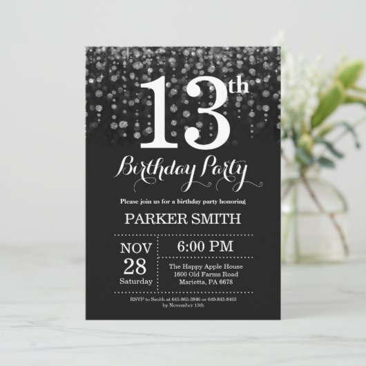 13e verjaardag Uitnodiging Silver Glitter (Staand voorkant)