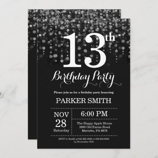 13e verjaardag Uitnodiging Silver Glitter (Voorkant / Achterkant)