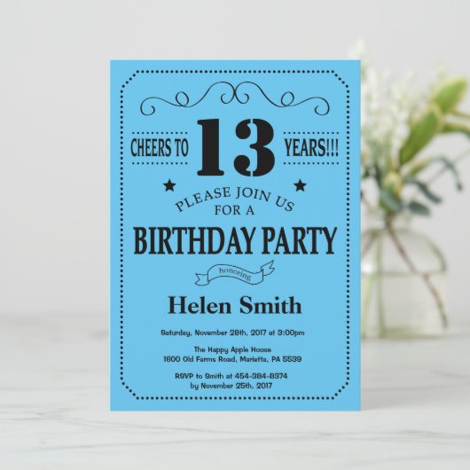 13e verjaardag Uitnodiging zwart en blauw (Staand voorkant)