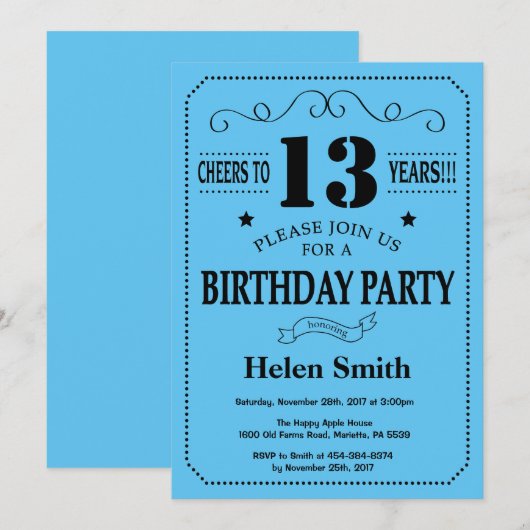 13e verjaardag Uitnodiging zwart en blauw (Voorkant / Achterkant)