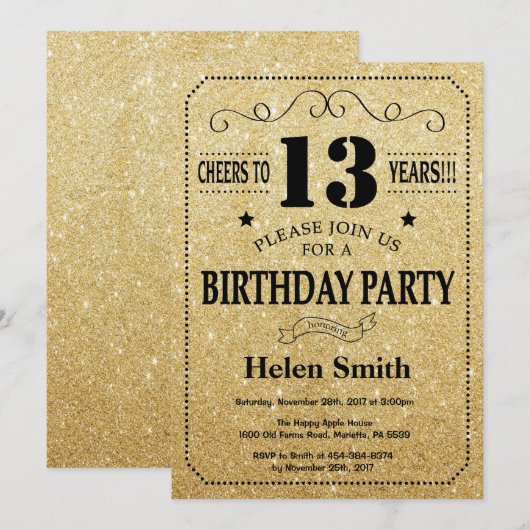 13e verjaardag uitnodiging zwart en goud glitter (Voorkant / Achterkant)