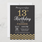 13e verjaardag Uitnodiging zwart en goudglitter (Voorkant)