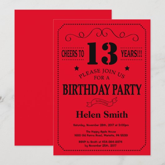 13e verjaardag uitnodiging zwart en rood (Voorkant / Achterkant)