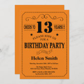 13e verjaardag Uitnodiging zwart en Sinaasappel (Voorkant / Achterkant)