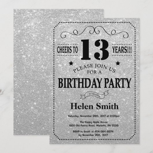 13e Verjaardag Uitnodiging Zwart en Zilver Glitter (Voorkant / Achterkant)