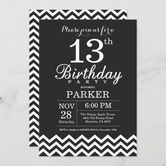 13e verjaardag uitnodiging zwart-wit Chevron (Voorkant / Achterkant)