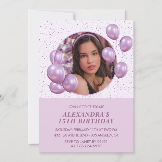 13e verjaardag Uitnodigingen Ballonnen Foto Paarse (Voorkant)