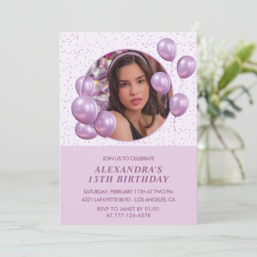 13e verjaardag Uitnodigingen Ballonnen Foto Paarse (Staand voorkant)