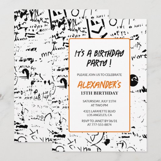 13e verjaardag uitnodigingen Boy Graffiti Party Pa (Voorkant / Achterkant)