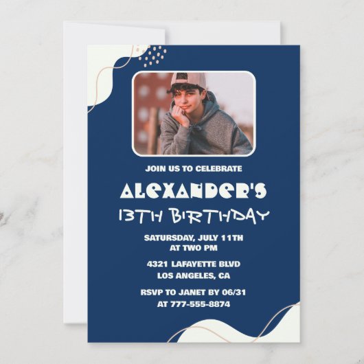 13e verjaardag uitnodigingen Boy Photo Simple Navy (Voorkant)
