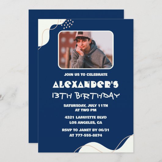 13e verjaardag uitnodigingen Boy Photo Simple Navy (Voorkant / Achterkant)