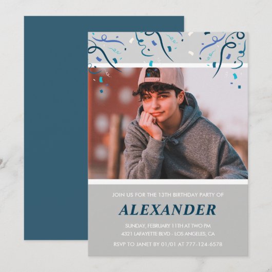 13e verjaardag uitnodigingen jongen Confetti Foto  (Voorkant / Achterkant)