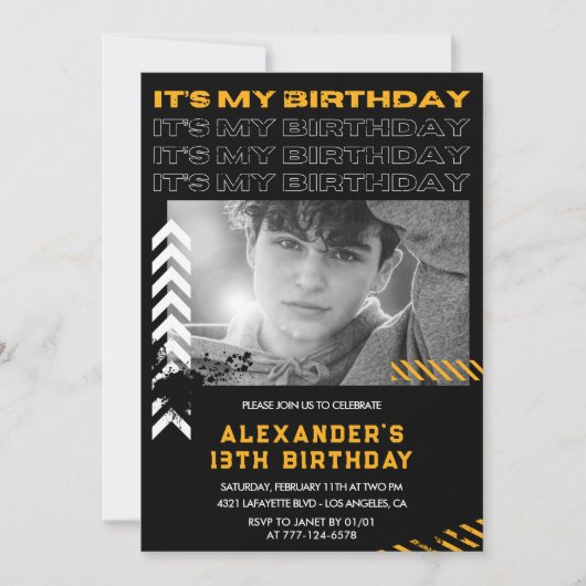 13e verjaardag uitnodigingen jongen Photo Spray ve (Voorkant)
