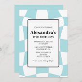 13e verjaardag uitnodigingen Retro Checkered Blue (Voorkant / Achterkant)