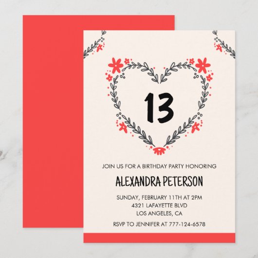 13e verjaardag uitnodigingen voor haar bloemenhart (Voorkant / Achterkant)