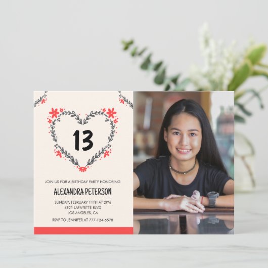 13e verjaardag uitnodigingen voor haar Bloemenhart (Staand voorkant)