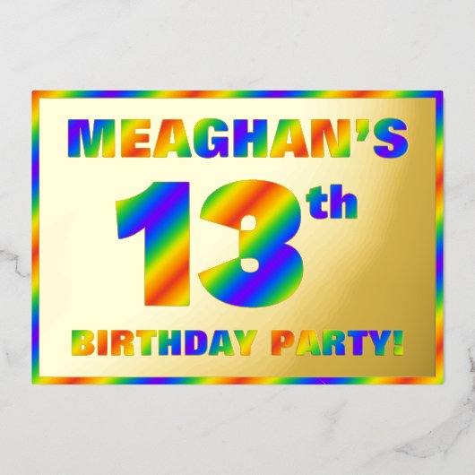 13e verjaardag van de geboorte - Fun, regenboogspe Folie Uitnodiging (Voorkant)