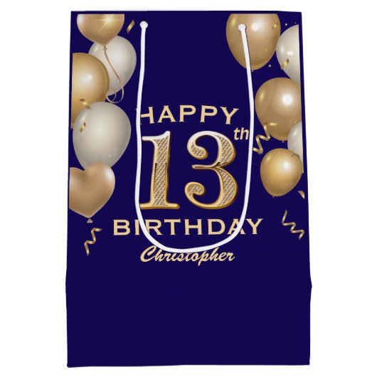 13e verjaardag van de marineblauw en goudballonnen medium cadeauzakje (Achterkant)