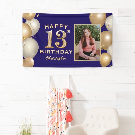 13e verjaardag van de marineblauw en goudballonnen spandoek (Insitu)