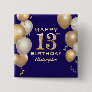 13e verjaardag van de marineblauw en goudballonnen vierkante button 5,1 cm