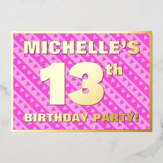 13e verjaardag van de opstand - vuurroze harten en folie uitnodiging (Voorkant)