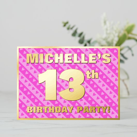 13e verjaardag van de opstand - vuurroze harten en folie uitnodiging (Staand Voorkant)