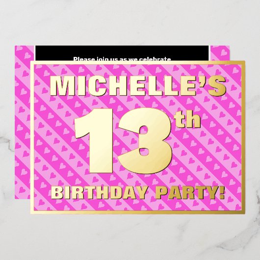 13e verjaardag van de opstand - vuurroze harten en folie uitnodiging (Voorkant / Achterkant)