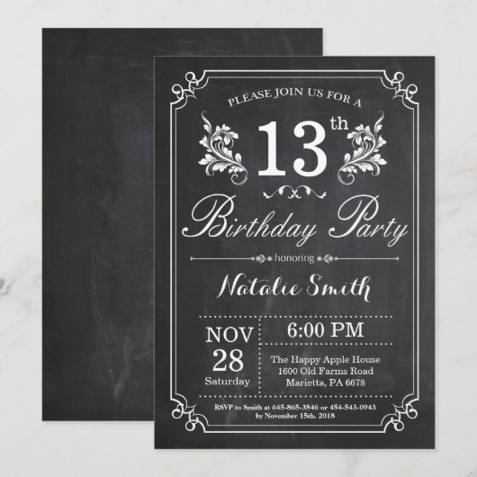 13e verjaardag van de uitnodiging van Floral-Chalk (Voorkant / Achterkant)