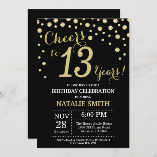 13e verjaardag van het zwarte en gouddiamantgespre kaart (Voorkant / Achterkant)