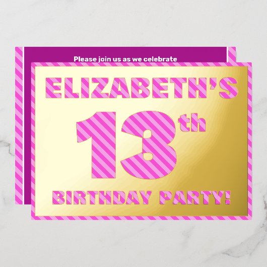 13e verjaardag - Vet, vun, roze band # 13 Folie Uitnodiging (Voorkant / Achterkant)