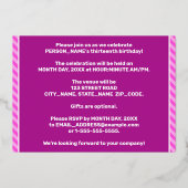 13e verjaardag - Vet, vun, roze band # 13 Folie Uitnodiging (Achterkant)