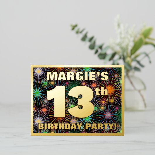 13e verjaardag: Vette, kleurrijke Fireworks-look Folie Uitnodiging Briefkaart (Staand Voorkant)