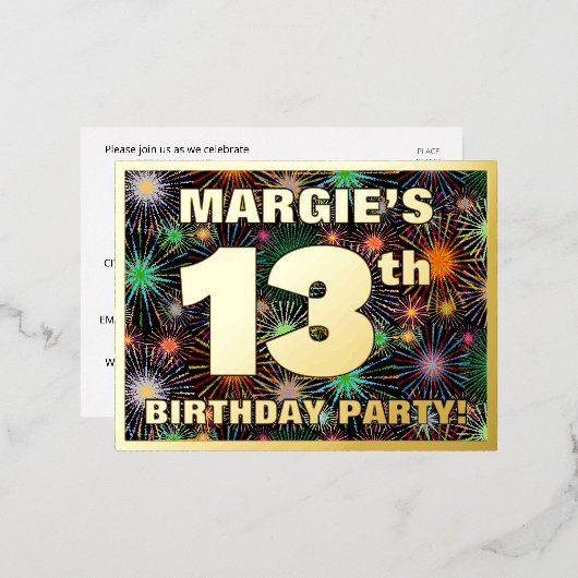 13e verjaardag: Vette, kleurrijke Fireworks-look Folie Uitnodiging Briefkaart (Voorkant / Achterkant)