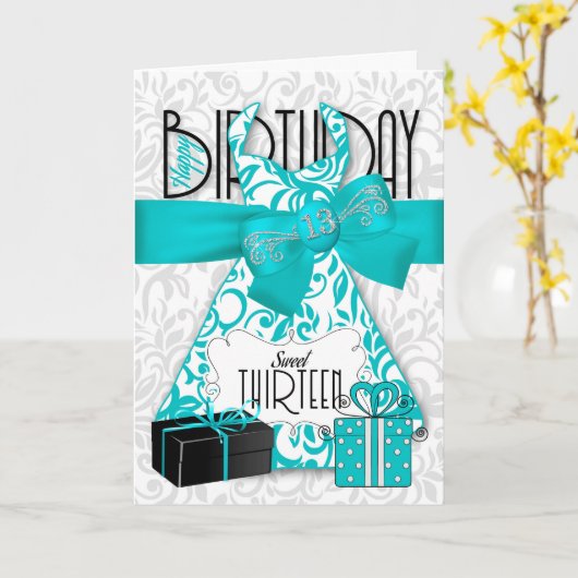 13e verjaardag voor haar Trendy Bling Turquoise Dr Kaart (Gele Bloem)