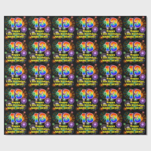 13e verjaardag: vuurwerk, regenboogblik # "13" cadeaupapier (Vlak)