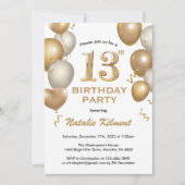 13e verjaardag Witte en gouden ballonnen Kaart (Voorkant)