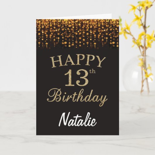 13e Verjaardag Zwart en Goud Glitter Kaart (Gele Bloem)