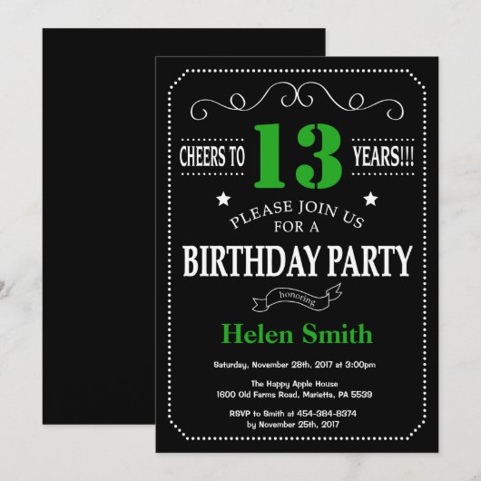 13e verjaardag zwart en groen schoolbord kaart (Voorkant / Achterkant)