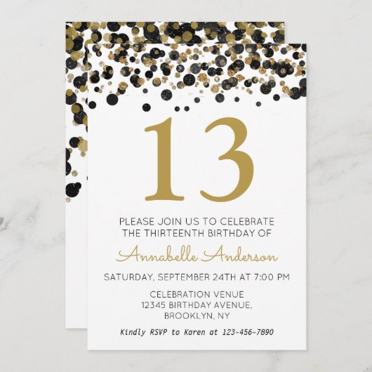 13e verjaardag Zwart Goud Glitter Sparkle Confetti Kaart (Voorkant / Achterkant)