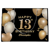 13e verjaardag Zwarte en gouden ballonnen Groot Cadeauzakje (Voorkant)