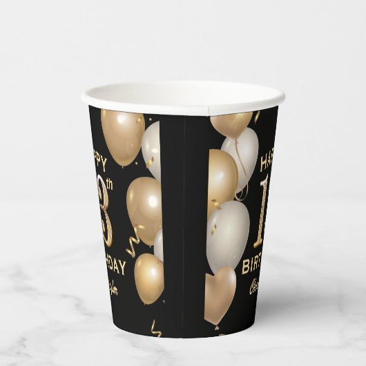 13e verjaardag Zwarte en gouden ballonnen Papieren Bekers (Rechts)