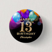 13e verjaardag Zwarte en gouden ballonnen Ronde Button 3,2 Cm (Voorkant)
