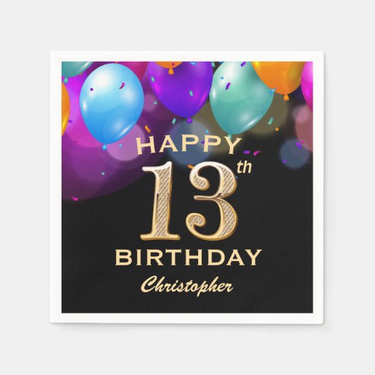 13e verjaardag Zwarte en gouden ballonnen Servet (Voorkant)