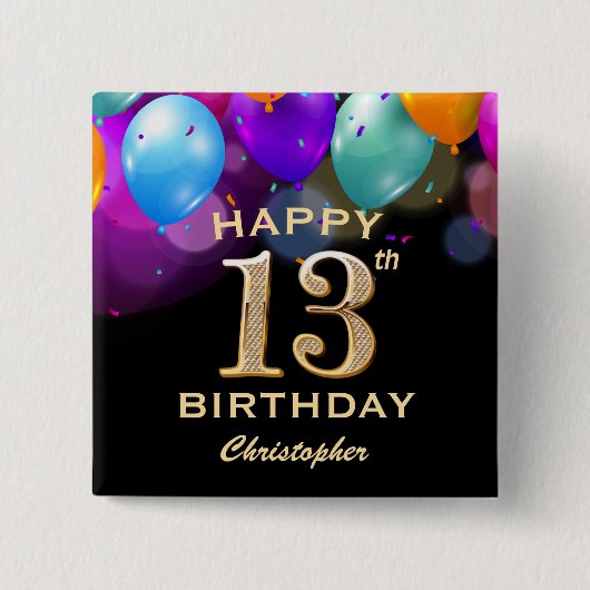 13e verjaardag Zwarte en gouden ballonnen Vierkante Button 5,1 Cm (Voorkant)