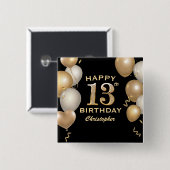 13e verjaardag Zwarte en gouden ballonnen Vierkante Button 5,1 Cm (Voorkant /achterkant)