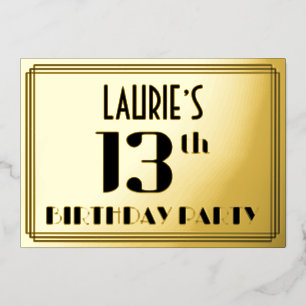 13e verjaardagsfeest: Art Deco-look “13” en naam Folie Uitnodiging
