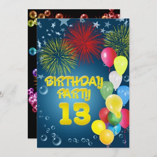 13e verjaardagsfeest Uitnodiging met ballonnen (Voorkant / Achterkant)