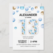 13e verjaardagsfeestje, blauwe en gouden ballon jo kaart (Voorkant)